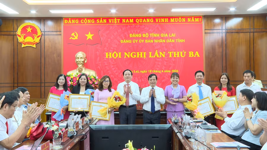 Tặng giấy khen cho các đảng viên hoàn thành xuất sắc nhiệm vụ 5 năm liên tục giai đoạn 2021-2025. Ảnh: Nhật Trường