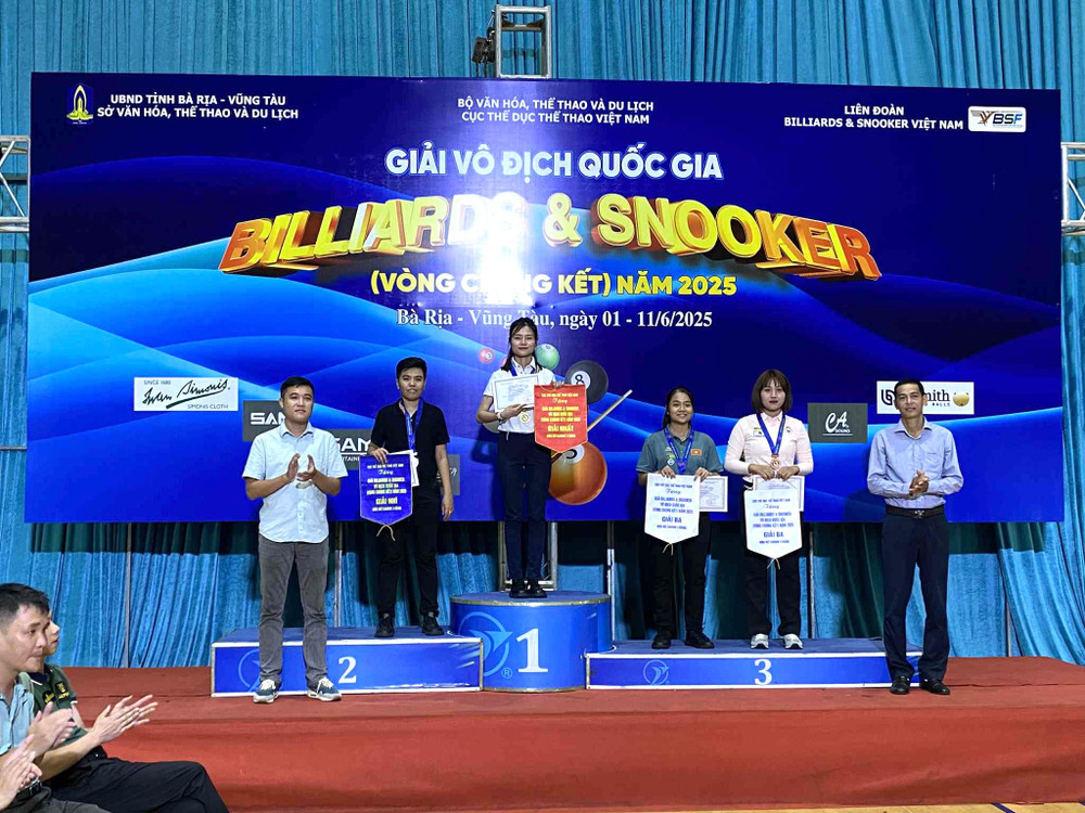 Cơ thủ Nguyễn Thị Liên trên bục nhận chức vô địch ở nội dung Carom 3 băng. Ảnh: Văn Thuận co-thu-nguyen-thi-lien-tren-buc-nhan-chuc-vo-dich-o-noi-dung-carom-3-bang-anh-van-thuan.jpg