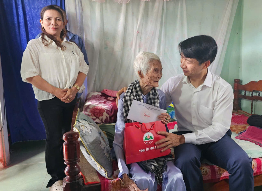 Phó Bí thư Tỉnh ủy, Chủ tịch Ủy ban MTTQ Việt Nam tỉnh Nguyễn Ngọc Lương thăm hỏi, tặng quà Mẹ Việt Nam Anh hùng Nguyễn Thị Tám (xã An Nhơn Tây). Ảnh: Đức Hải 22-2.jpg