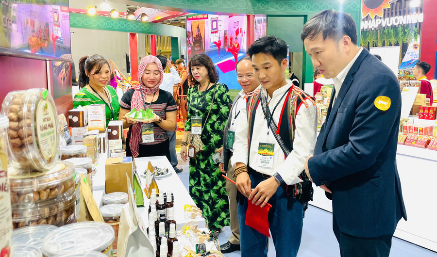 Phó Chủ tịch UBND tỉnh Nguyễn Tuấn Anh (bìa phải) kiểm tra các gian hàng trưng bày sản phẩm tiêu biểu, đặc trưng của tỉnh. Ảnh: Phi Long anh-2.jpg