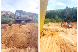 Máy đào bị bắt quả tang khai thác đất trái phép tại thửa đất thuộc khu vực núi Hòn Vọng Phu.