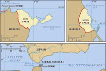Bản đồ các lãnh thổ Ceuta và Melilla của Tây Ban Nha ở Bắc Phi.