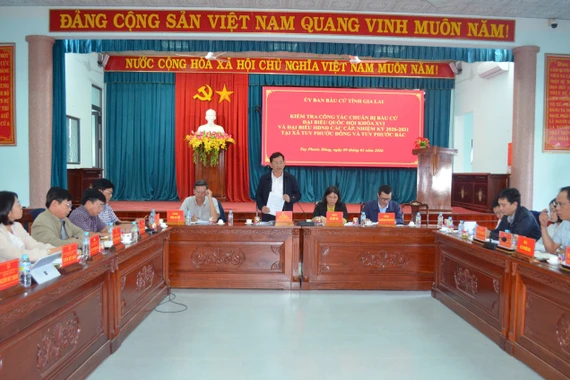 Đồng chí Mai Việt Trung, Trưởng Ban Tổ chức Tỉnh ủy kiểm tra thực tế công tác chuẩn bị bầu cử tại cơ sở.