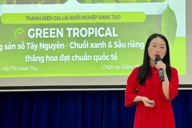 Tác giả Hồ Thị Hoài Thu thuyết trình về dự án Nông sản số Tây Nguyên - chuối xanh và sầu riêng sấy thăng hoa đạt chuẩn quốc tế. Ảnh: M.N
