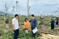 Cán bộ Ngân hàng CSXH tỉnh và Phòng giao dịch Ngân hàng CSXH Vân Canh động viên một số hộ dân thôn Hiệp Hà (xã Vân Canh) vay vốn bị thiệt hại cây trồng sau bão số 13. Ảnh: Triều Châu