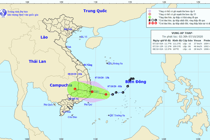 Vị trí và đường đi của vùng áp thấp. Ảnh: Trung tâm Dự báo KTTV Quốc gia. Vị trí và đường đi của vùng áp thấp. Ảnh: Trung tâm Dự báo KTTV Quốc gia.