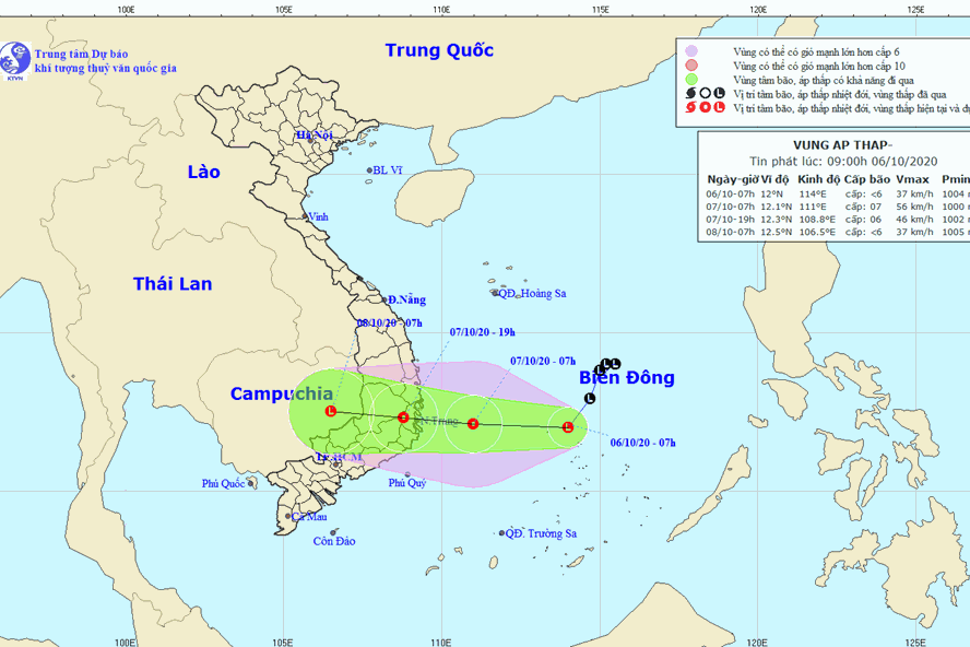 Vị trí và đường đi của vùng áp thấp trên Biển Đông. Ảnh: Trung tâm Dự báo KTTV Quốc gia. Vị trí và đường đi của vùng áp thấp trên Biển Đông. Ảnh: Trung tâm Dự báo KTTV Quốc gia.