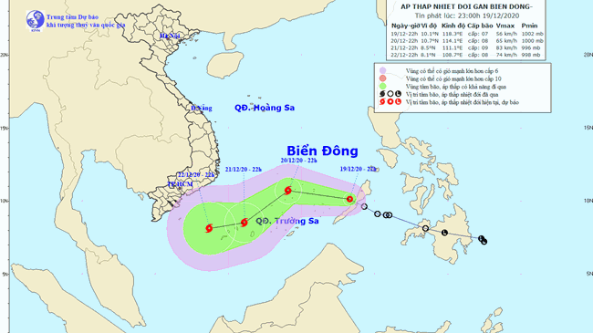 Vị trí và đường đi của áp thấp nhiệt đới. Ảnh: Trung tâm Dự báo Khí tượng Thuỷ văn Quốc gia.