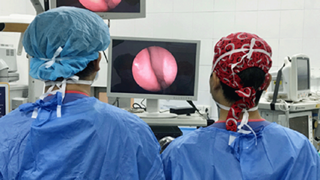 Thiết bị mổ nội soi u não chỉ đi qua đường mũi, đường đi của thiết bị được theo dõi chính xác trên màn hình - ẢNH LIÊN CHÂU