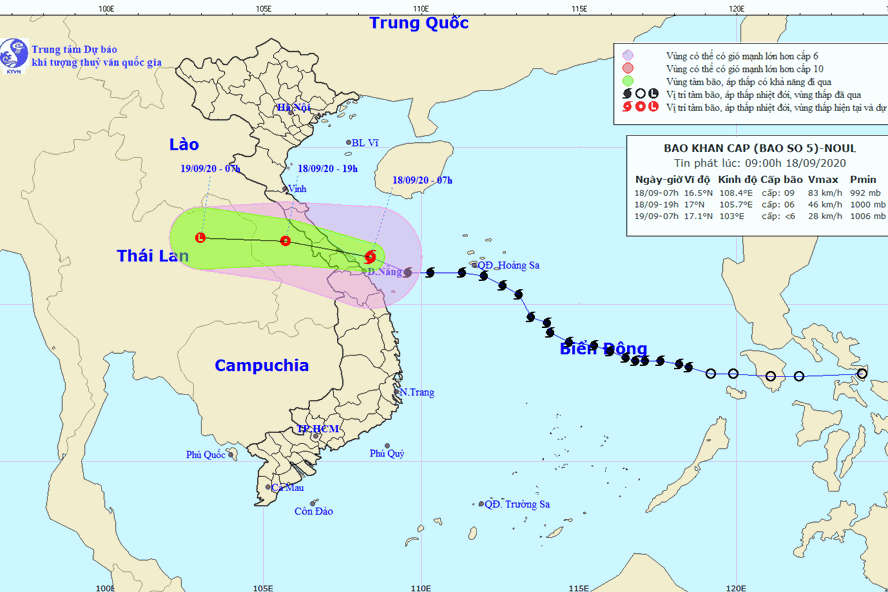 Vị trí và đường đi của bão số 5. Ảnh: Trung tâm Dự báo Khí tượng Thuỷ văn Quốc gia.