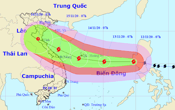 Dự báo vị trí và hướng di chuyển của bão số 13 - Nguồn: Trung tâm Dự báo khí tượng thủy văn quốc gia Dự báo vị trí và hướng di chuyển của bão số 13 - Nguồn: Trung tâm Dự báo khí tượng thủy văn quốc gia