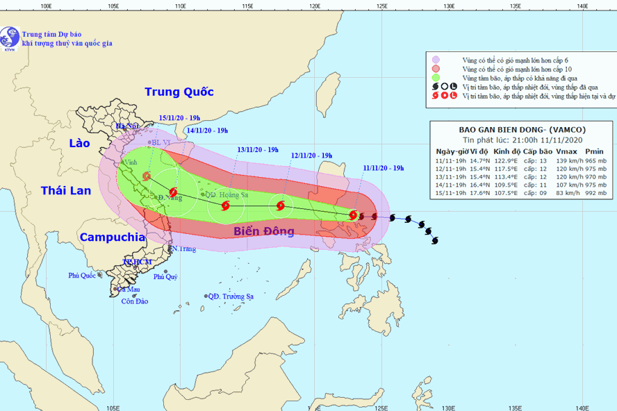  Vị trí và đường đi của bão Vamco. Ảnh: Trung tâm Dự báo KTTV Quốc gia.