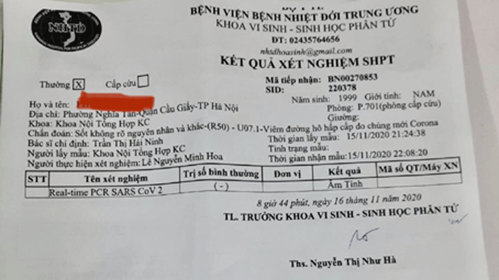 Xét nghiệm công bố trưa 16.11 cho kết quả bệnh nhân là nam sinh viên 21 tuổi âm tính với virus SARS-CoV-2 ẢNH BỘ Y TẾ CUNG CẤP