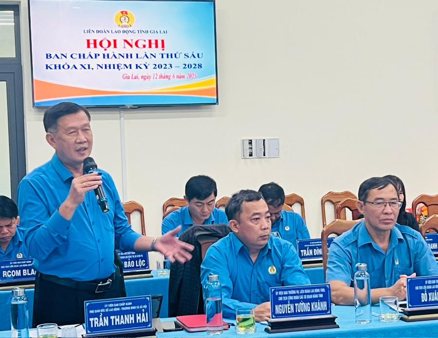 Đồng chí Trần Thanh Hải-Ủy viên BCH LĐLĐ tỉnh, Phó Giám đốc Sở Giáo dục và Đào tạo tỉnh phát biểu tại hội nghị. Ảnh: Đinh Yến z6697359730702-0dd5cbb9385a2694f60ef1cf6936fc05.jpg