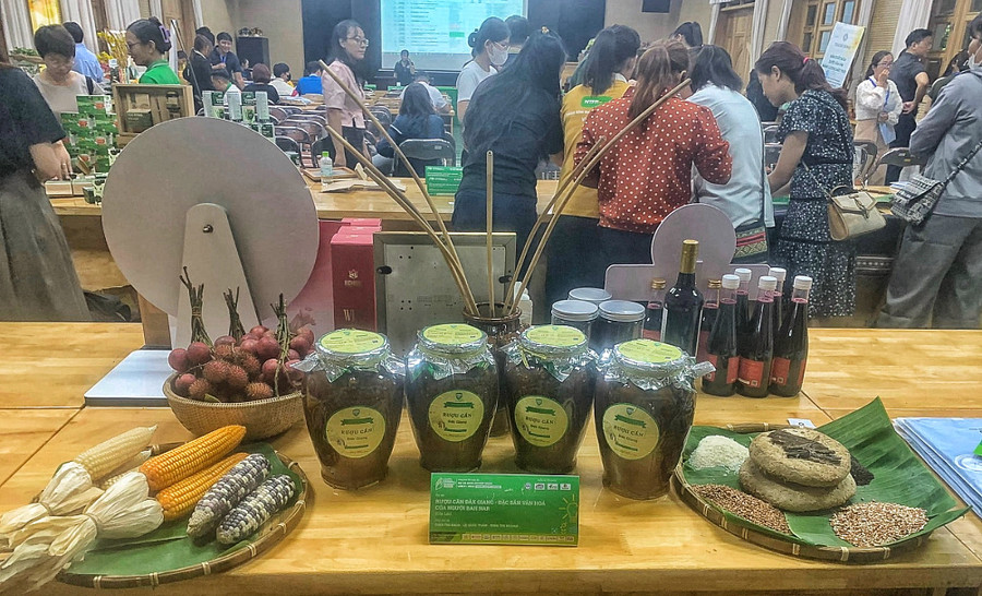 Trưng bày sản phẩm và các nguyên liệu bản địa để ủ rượu cần Đak Giang. Ảnh: NVCC Trưng bày sản phẩm và các nguyên liệu bản địa để ủ rượu cần Đak Giang. Ảnh: NVCC