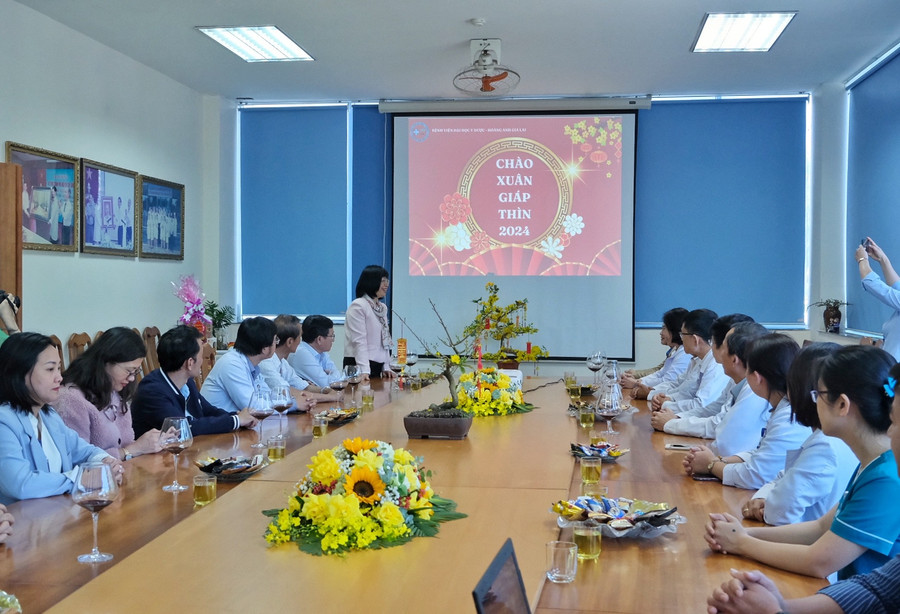 Phó chủ tịch UBND tỉnh Nguyễn Thị Thanh Lịch chúc Tết đội ngũ y, bác sĩ Bệnh viện Đại học Y dược-Hoàng Anh Gia Lai. Ảnh: Hoàng Ngọc