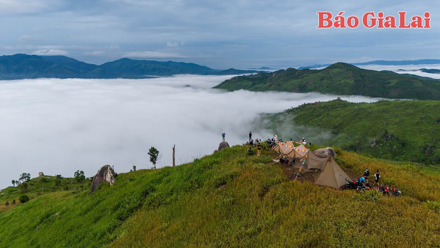 Đỉnh Chư Hreng chìm trong biển mây vào sáng sớm. Ảnh: Bi Ly