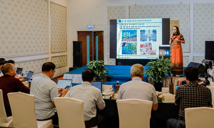 Chị Nguyễn Thị Thu Trang thuyết trình trước hội đồng giám khảo về dự án khởi nghiệp từ nguồn dược liệu bản địa. Ảnh: Thu Hường Chị Nguyễn Thị Thu Trang thuyết trình trước hội đồng giám khảo về dự án khởi nghiệp từ nguồn dược liệu bản địa. Ảnh: Thu Hường