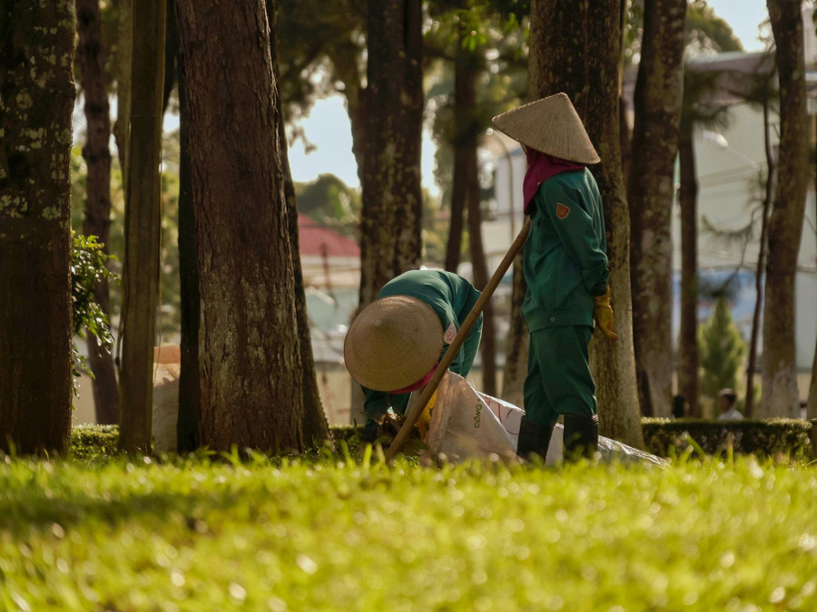 Để giữ cho quần thể cây xanh, thảm cỏ và không gian luôn sạch sẽ có sự đóng góp của những bóng áo xanh thầm lặng
