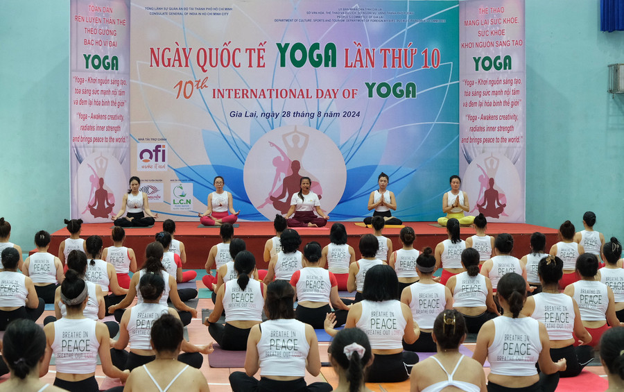 Đồng diễn giao thức yoga kỷ niệm Ngày Quốc tế yoga lần thứ 10 tại Gia Lai. Ảnh: HOÀNG NGỌC
