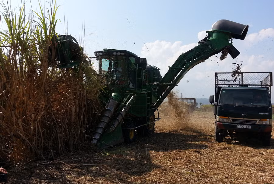 Máy thu hoạch mía hiện đại được áp dụng trên vùng nguyên liệu mía khu vực Đông Nam tỉnh Gia Lai. Ảnh: Trần Đức