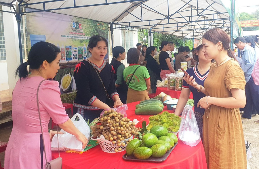 Các đại biểu tham quan 20 gian hàng trong phiên chợ nông sản tại sân trụ sở Ủy ban MTTQ Việt Nam huyện Chư Sê. Ảnh: Trúc Phùng