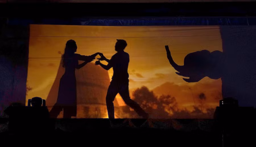 Hình ảnh chú voi và nhà rông cùng sắc màu đặc trưng của vùng đất Tây Nguyên được học sinh Trường THPT chuyên Hùng Vương thể hiện qua tiết mục múa bóng. Ảnh Mộc Trà