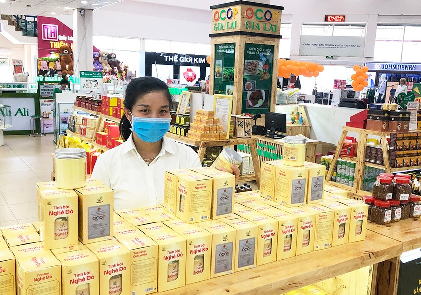Gian hàng trưng bày và bán các sản phẩm OCOP của tỉnh tại Siêu thị Co.op Mart Pleiku. Ảnh: Lê Nam Gian hàng trưng bày và bán các sản phẩm OCOP của tỉnh tại Siêu thị Co.op Mart Pleiku. Ảnh: Lê Nam