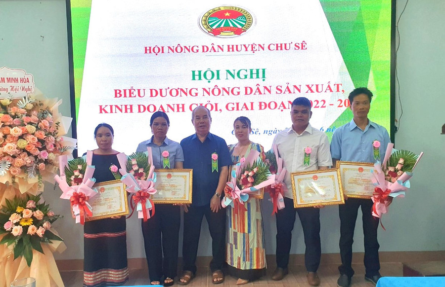 Trao giấy khen của Chủ tịch UBND huyện Chư Sê cho các tập thể có thành tích xuất sắc trong phong trào “Nông dân sản xuất, kinh doanh giỏi, đoàn kết giúp nhau làm giàu bền vững giai đoạn 2022-2024”. Ảnh: Trúc Phùng