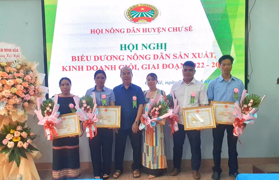Trao giấy khen của Chủ tịch UBND huyện Chư Sê cho các tập thể có thành tích xuất sắc trong phong trào “Nông dân sản xuất, kinh doanh giỏi, đoàn kết giúp nhau làm giàu bền vững giai đoạn 2022-2024”. Ảnh: Trúc Phùng