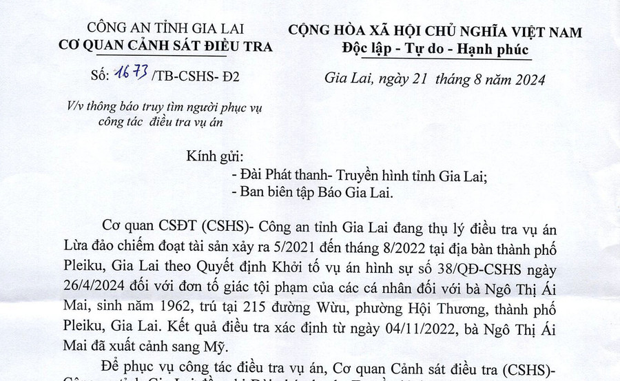 Thông báo của Cơ quan Điều tra. Thông báo của Cơ quan Điều tra.