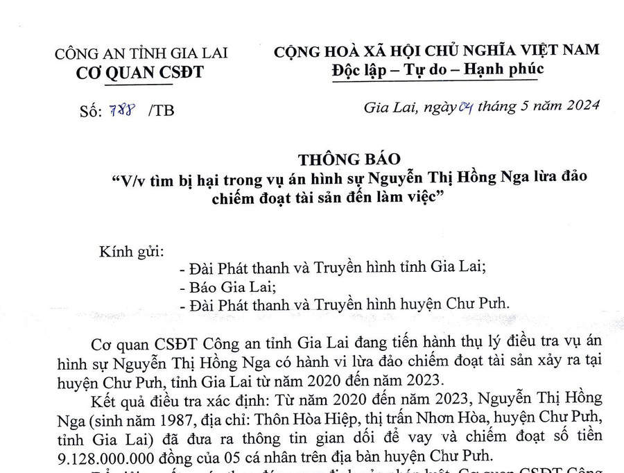 Thông báo tìm bị hại của Cơ quan CSĐT Công an tỉnh Gia Lai. Thông báo tìm bị hại của Cơ quan CSĐT Công an tỉnh Gia Lai.