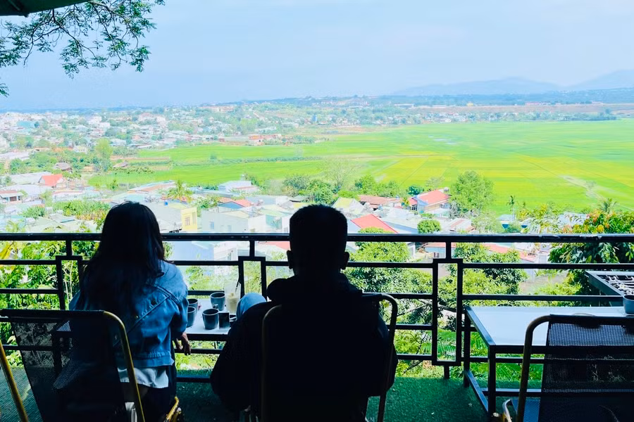 Du khách thích thú khi được ngắm cánh đồng lúa từ trên cao.