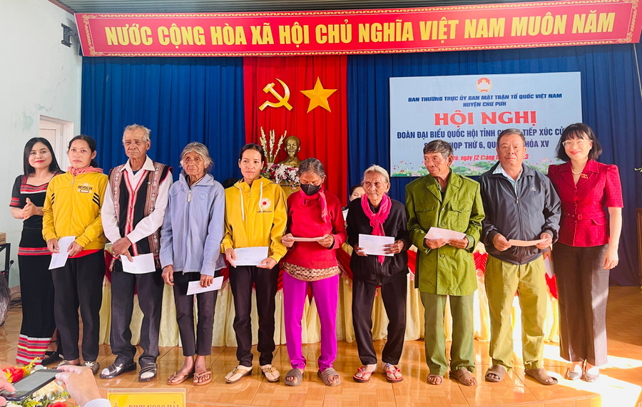 Đoàn đại biểu Quốc hội tỉnh tặng 25 phần quà cho các gia đình chính sách, người có công trên địa bàn xã Ia Hrú. Ảnh: Trần Dung