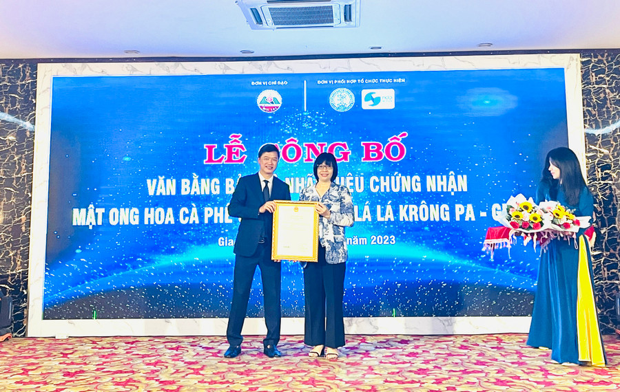 Phó Chủ tịch UBND tỉnh Gia Lai Nguyễn Thị Thanh Lịch đón nhận văn bằng bảo hộ cho các sản phẩm “Mật ong hoa cà phê Gia Lai” và “Thuốc lá lá Krông Pa-Gia Lai”. Ảnh: Trần Dung