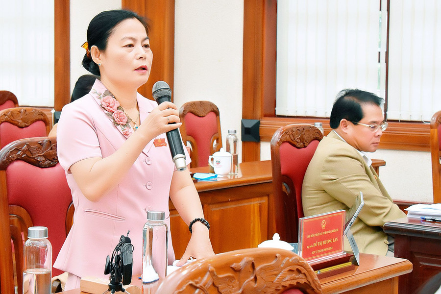 Đại biểu Đỗ Thị Hương Lan-Phó trưởng Ban Dân tộc HĐND tỉnh Gia Lai đề cập đến việc giải quyết kiến nghị của cử tri huyện Kbang về tình trạng sạt lở dọc theo bờ sông Đăk Pne (xã Kon Pne). Ảnh: Đ.T