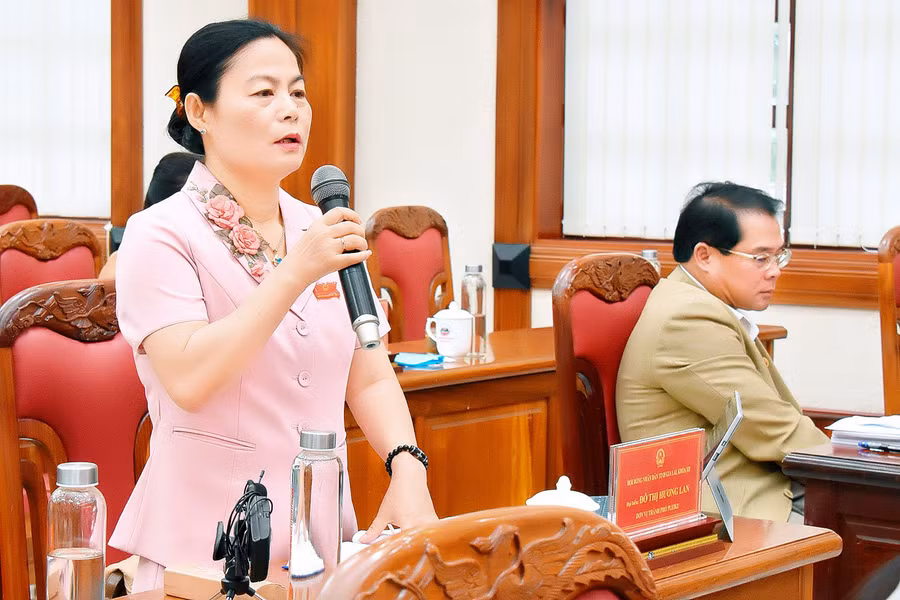 Đại biểu Đỗ Thị Hương Lan-Phó trưởng Ban Dân tộc HĐND tỉnh Gia Lai đề cập đến việc giải quyết kiến nghị của cử tri huyện Kbang về tình trạng sạt lở dọc theo bờ sông Đăk Pne (xã Kon Pne). Ảnh: Đ.T