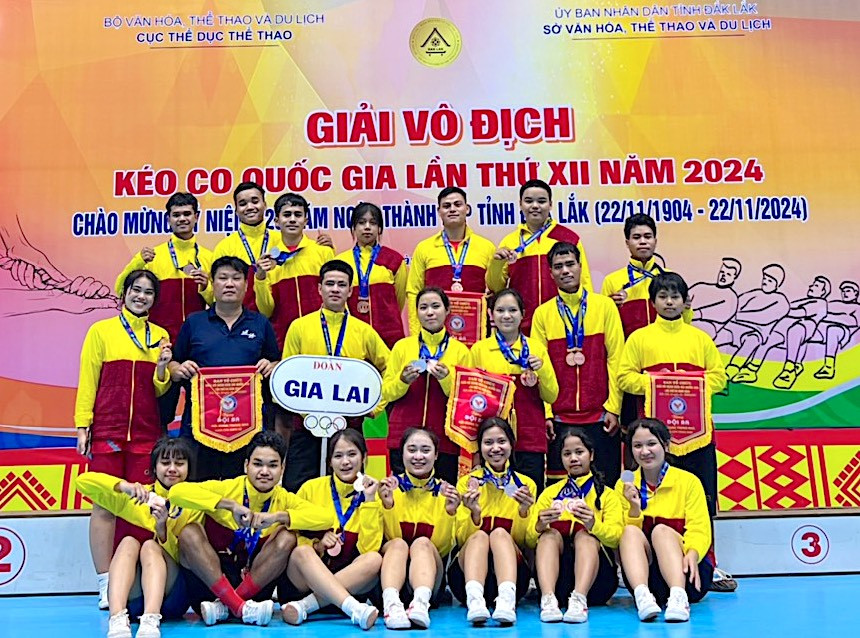 Đoàn Gia Lai giành được 1 huy chương vàng, 2 huy chương bạc và 8 huy chương đồng tại Giải Vô địch Kéo co quốc gia lần thứ XII năm 2024. Ảnh: Trường Phong