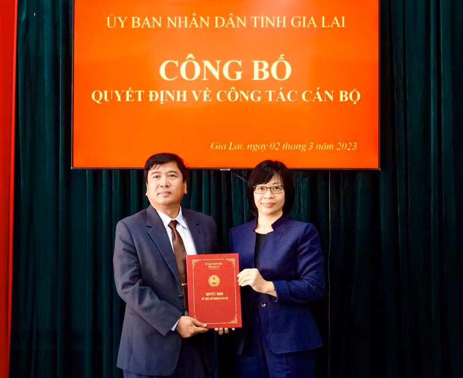 Phó Chủ tịch UBND tỉnh Nguyễn Thị Thanh Lịch (bìa phải) trao Quyết định bổ nhiệm cho tân Phó Giám đốc Sở GD-ĐT Trần Bá Công. Ảnh: Mộc Trà