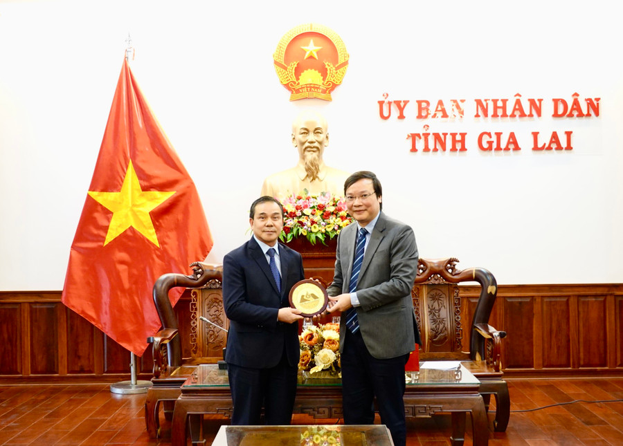 Chủ tịch UBND tỉnh Trương Hải Long (bìa phải) trao tặng biểu tượng của tỉnh Gia Lai cho đoàn Đại sứ quán Lào. Ảnh: Mộc Trà