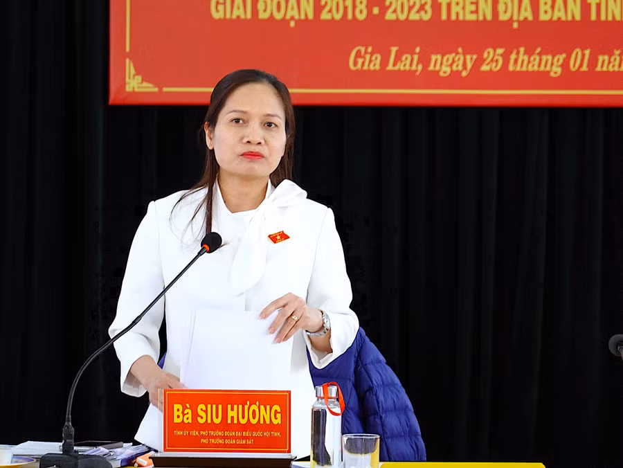Bà Siu Hương-Phó Trưởng Đoàn đại biểu Quốc hội tỉnh chủ trì buổi giám sát. Ảnh: Mộc Trà Bà Siu Hương-Phó Trưởng Đoàn đại biểu Quốc hội tỉnh chủ trì buổi giám sát. Ảnh: Mộc Trà