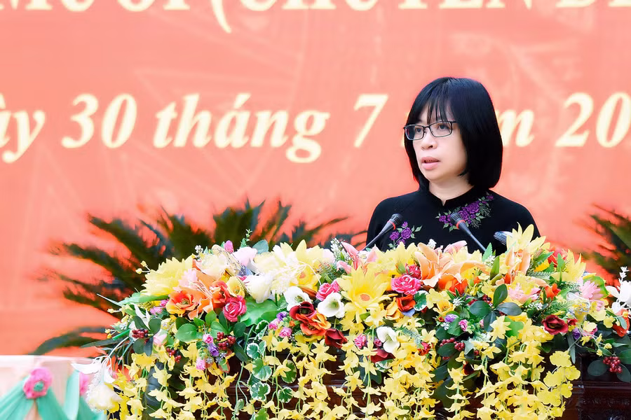 Phó Chủ tịch phụ trách UBND tỉnh Nguyễn Thị Thanh Lịch trình bày tóm tắt nội dung về chủ trương sáp nhập, điều chỉnh địa giới đơn vị hành chính cấp huyện, cấp xã giai đoạn 2023-2025 của tỉnh Gia Lai. Ảnh: Đ.T