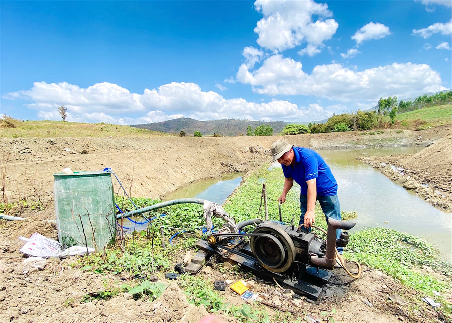 Người dân bơm nước tưới để giải hạn cho cây trồng. Ảnh: Mộc Trà Người dân bơm nước tưới để giải hạn cho cây trồng. Ảnh: Mộc Trà