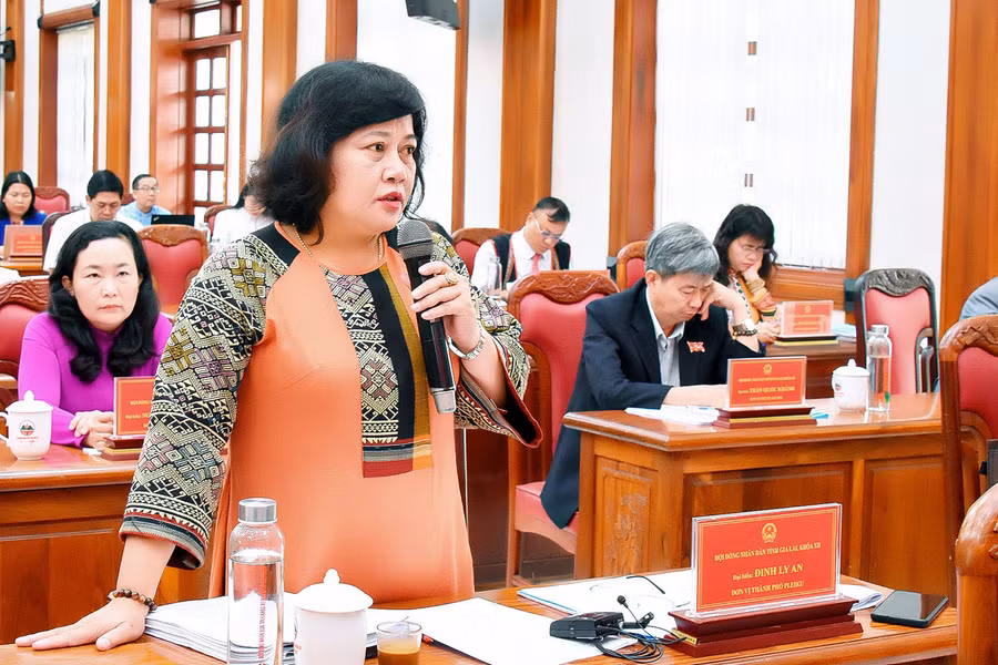 Đại biểu Đinh Ly An-Phó Trưởng ban Pháp chế HĐND tỉnh (Tổ đại biểu HĐND tỉnh tại TP. Pleiku) chất vấn Giám đốc Sở Văn hóa-Thể thao và Du lịch. Ảnh: Đ.T