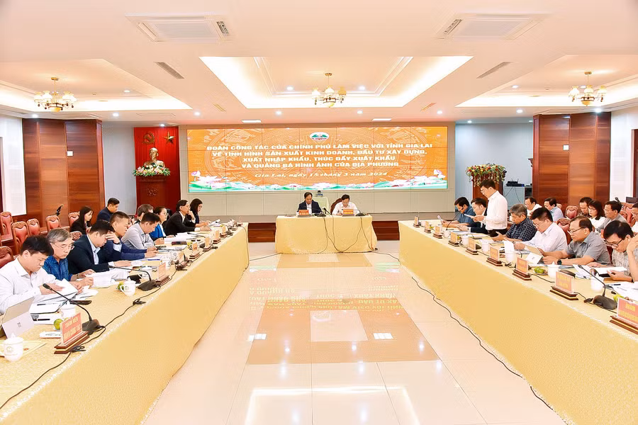 Quang cảnh buổi làm việc giữa đoàn công tác thành viên Chính phủ với tỉnh Gia Lai tại Trụ sở UBND tỉnh. Ảnh: Đức Thụy