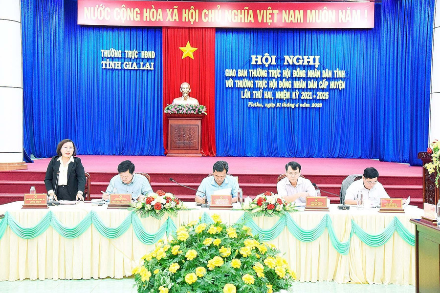 Các ông, bà trong Thường trực HĐND tỉnh, Chủ tịch HĐND TP. Pleiku và huyện Đak Đoa chủ trì hội nghị. Ảnh Đức Thụy Các ông, bà trong Thường trực HĐND tỉnh, Chủ tịch HĐND TP. Pleiku và huyện Đak Đoa chủ trì hội nghị. Ảnh Đức Thụy