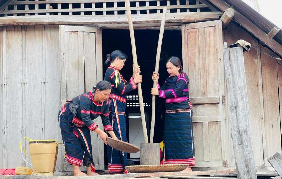 Để giã hạt gạo không bị nát, người phụ nữ phải có kỹ thuật, không chỉ dùng sức mà còn phải hạ chày đúng nhịp. Trên cùng 1 chiếc cối nhỏ, hai phụ nữ vừa giã, vừa nói cười vui vẻ. Nhịp chày ngân lên như hòa thành một bản nhạc sống động.