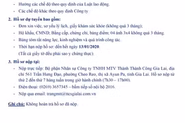Công ty TNHH MTV Thành Thành Công Gia Lai thông báo tuyển dụng