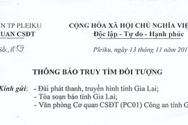 Cơ quan CSĐT Công an thành phố Pleiku thông báo truy tìm đối tượng