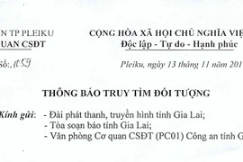 Cơ quan CSĐT Công an thành phố Pleiku thông báo truy tìm đối tượng